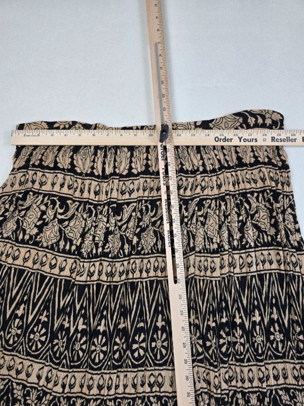 Vintage Patchouli One Size Boho Broomstick Maxi Skirt Black & Beige Indian Print - Picture 3 of 4